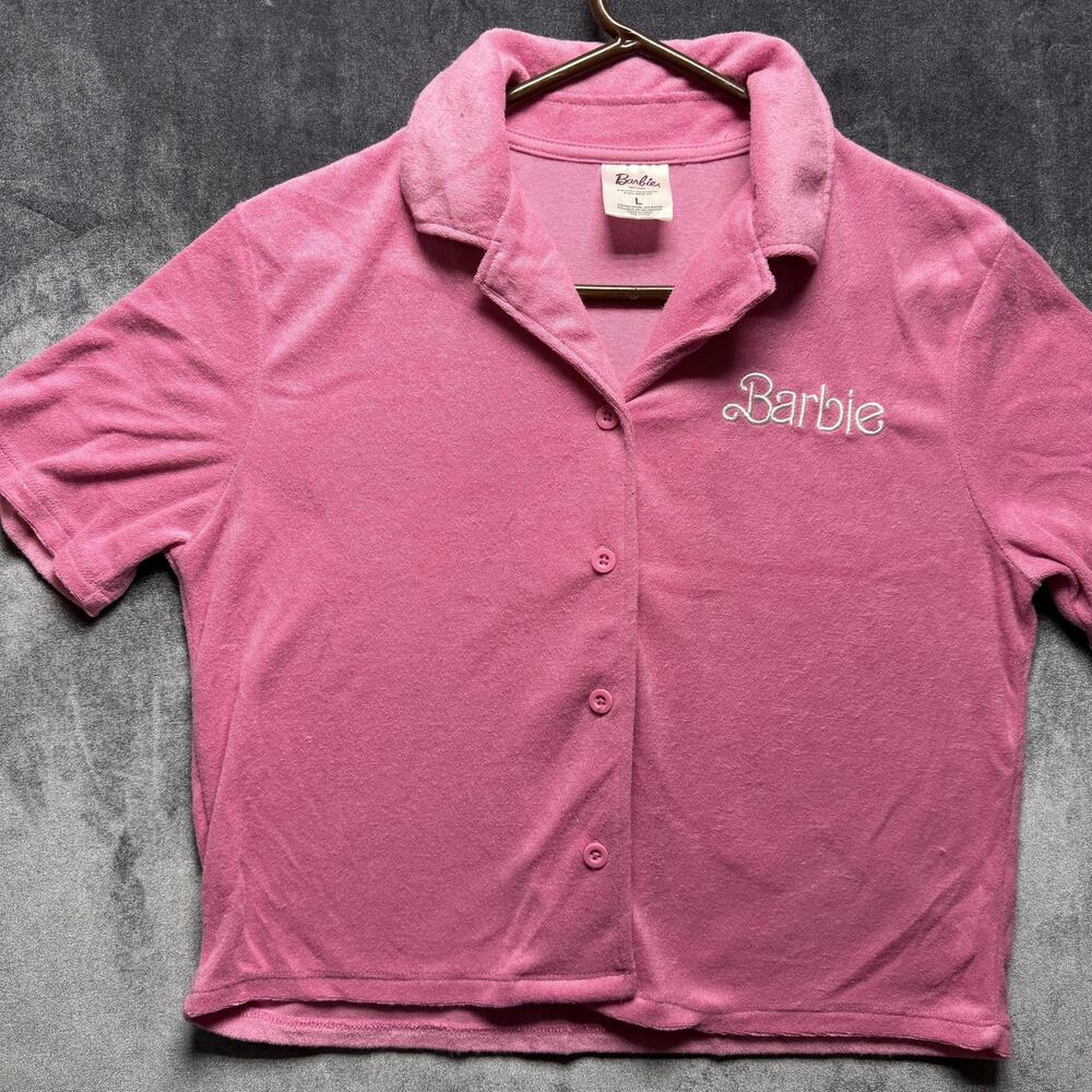 Barbie Shirt Sz L Pink Crop Button Up Terry Knit Embroidered Collar Logo Top